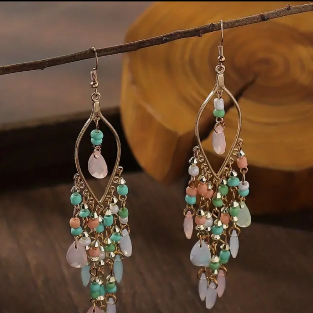 Polychrome Beaded Teardrop Earrings - Picture 2 of 3